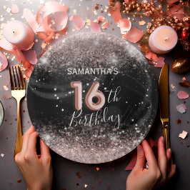 ピンクモダングリッター&ブラック16誕生日 ペーパープレート