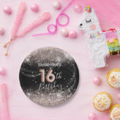 ピンクモダングリッター&ブラック16誕生日 ペーパープレート (パーティー)