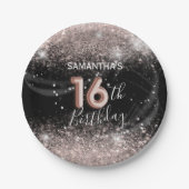 ピンクモダングリッター&ブラック16誕生日 ペーパープレート (正面)