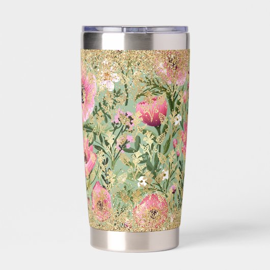 ピンクモダングリーンフローラシック金ゴールドグリッターエレガント 保温保冷タンブラー (背面)