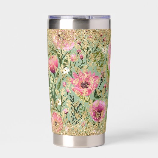 ピンクモダングリーンフローラシック金ゴールドグリッターエレガント 保温保冷タンブラー (正面)