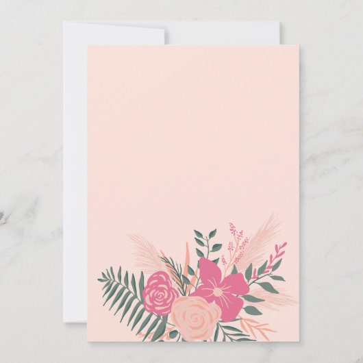 ピンクモダングリーンフローラブーケフォントベビーシャワー 招待状 (裏面)