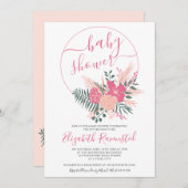 ピンクモダングリーンフローラブーケフォントベビーシャワー 招待状 (正面/裏面)