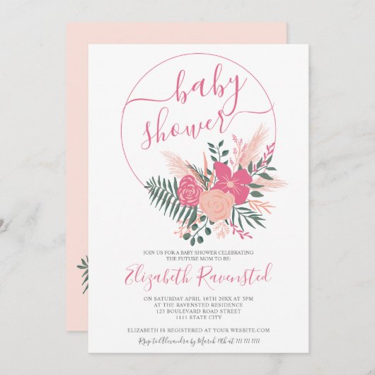 ピンクモダングリーンフローラブーケフォントベビーシャワー 招待状 (正面/裏面)
