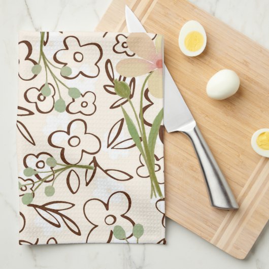 ピンクモダングリーンフローラ植物模様 キッチンタオル (四つ折り)