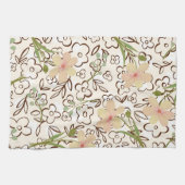 ピンクモダングリーンフローラ植物模様 キッチンタオル (横)
