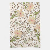 ピンクモダングリーンフローラ植物模様 キッチンタオル (縦)