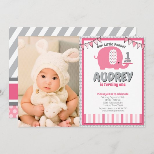 ピンクモダングレイベビーエレファントファースト誕生日フォト 招待状 (正面/裏面)