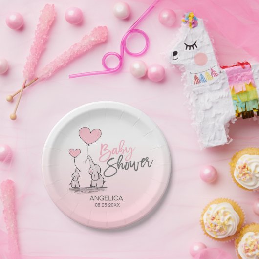 ピンクモダングレイ青い象の女の子ベビーシャワー ペーパープレート (パーティー)