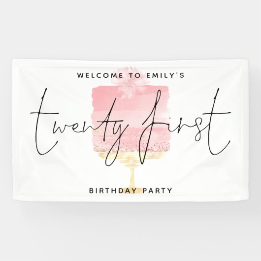 ピンクモダンケーキ歓迎の名前スクリプト21歳の誕生日 横断幕 (横)