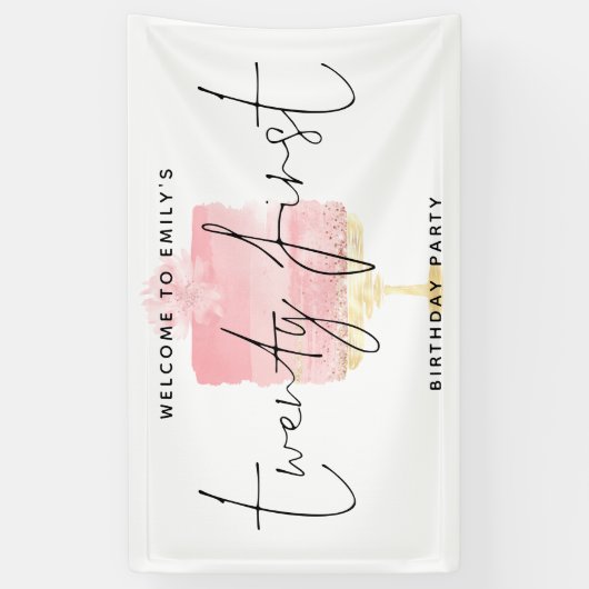 ピンクモダンケーキ歓迎の名前スクリプト21歳の誕生日 横断幕 (縦)