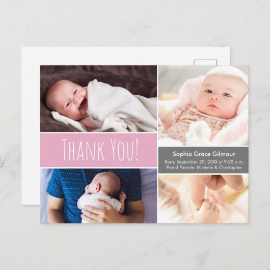 ピンクモダンサンキューベビーガール写真コラージュ 案内ポストカード (正面/裏面)