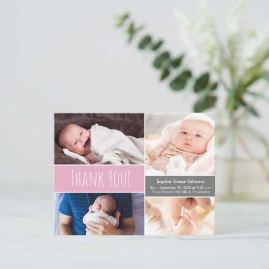 ピンクモダンサンキューベビーガール写真コラージュ 案内ポストカード (スタンド正面)