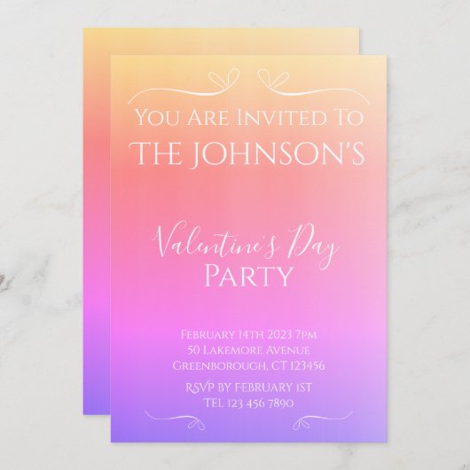 ピンクモダンサンセットバグラデーションレンティネスパーティー 招待状 (正面/裏面)
