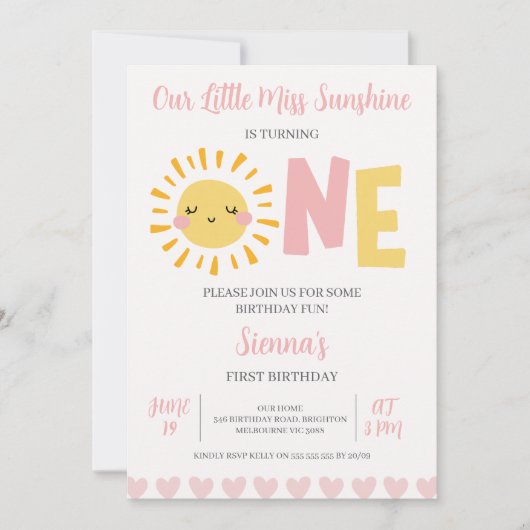 ピンクモダンサン小恋しく思さな太陽の第1誕生日 招待状 (正面)