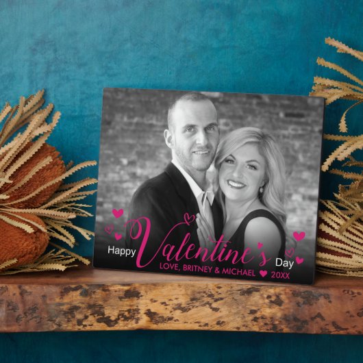 ピンクモダンシックなスクリプトハート白黒写真 フォトプラーク (側面)