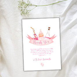 ピンクモダンシャンパンボトル足ベビーシャワー サンキューカード