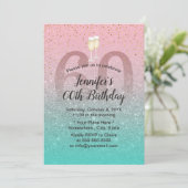 ピンクモダンシルバーティール(緑がかった色)グリッター60誕生日パーティー 招待状 (スタンド正面)