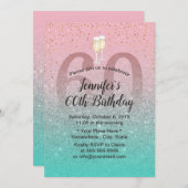 ピンクモダンシルバーティール(緑がかった色)グリッター60誕生日パーティー 招待状 (正面/裏面)