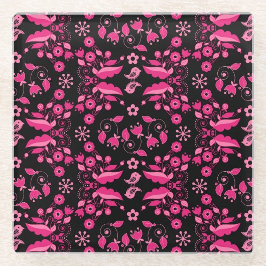 ピンクモダンスカンジナビア花柄 ガラスコースター (正面)