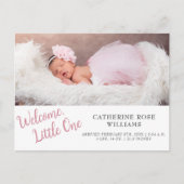 ピンクモダンスクリプトガールベビーガール誕生 案内ポストカード (正面)