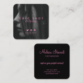 ピンクモダンスクリプト撮影タイポグラフィ写真 スクエア名刺 (正面/裏面)