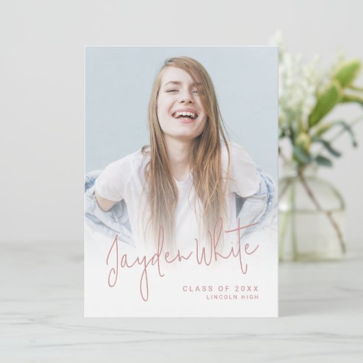 ピンクモダンスクリプト4写真の卒業発表 招待状 (スタンド正面)