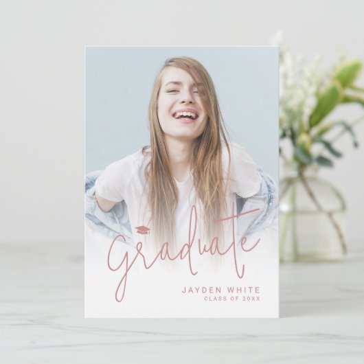 ピンクモダンスクリプト4写真の卒業発表 招待状 (スタンド正面)