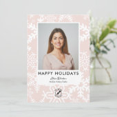 ピンクモダンスノーフレーク公証人ハッピーホリデー写真 シーズンカード (スタンド正面)