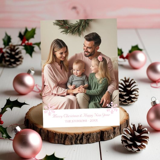 ピンクモダンスノーフレーク1枚の写真ホリデーカード シーズンカード