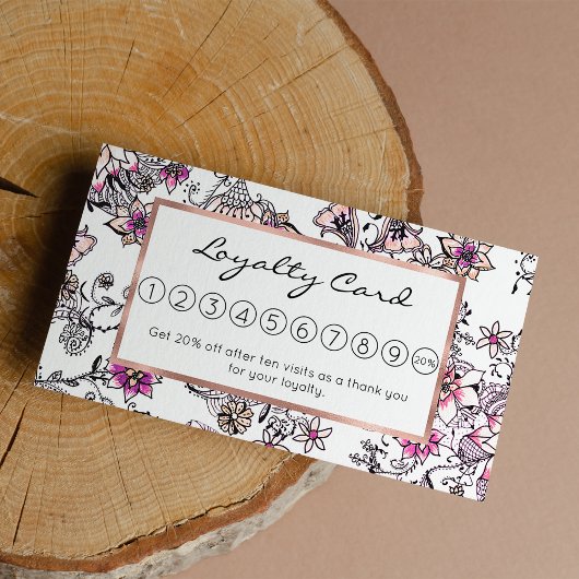 ピンクモダンスミレ白黒フローライラストレーション ロイヤリティカード