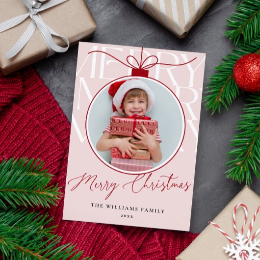 ピンクモダンタイポグラフィフォトオーナメント シーズンカード