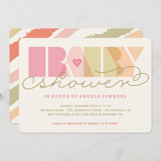 ピンクモダンタイポグラフィ女子カラフルベビーシャワー 招待状 (正面/裏面)