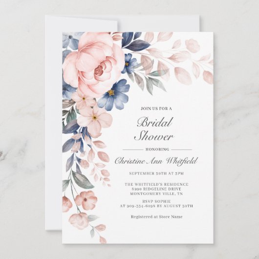 ピンクモダンダスティブルーフローラブライダルシャワー 招待状 (正面)