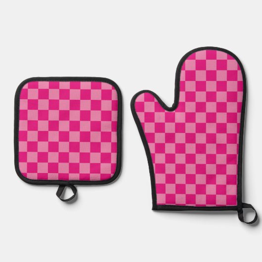 ピンクモダンチェッカーボード 鍋つかみ&鍋敷きセット (正面)