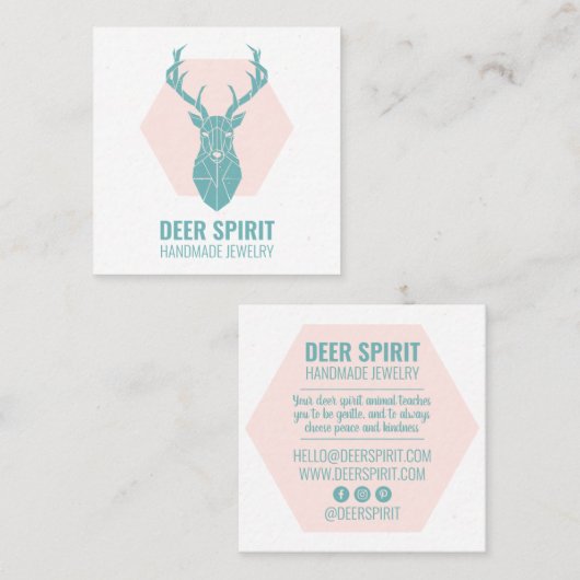 ピンクモダンティール(緑がかった色)幾何学鹿〔雄ジカの〕枝角ジュエリー スクエア名刺 (正面/裏面)
