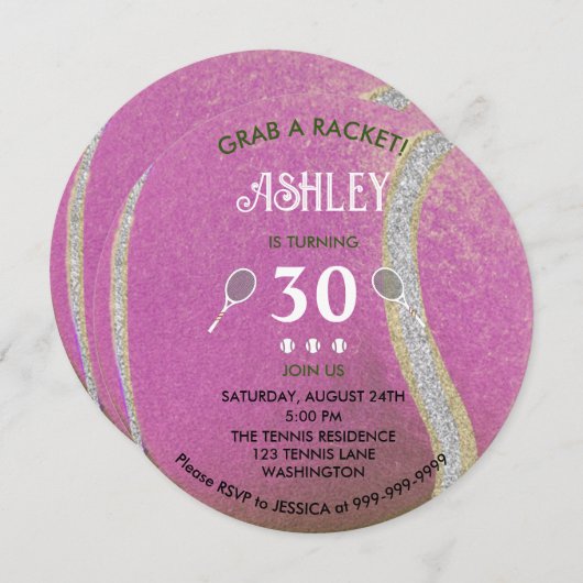 ピンクモダンテニスボパーソナライズされたール30誕生日 招待状 (正面/裏面)
