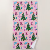 ピンクモダンディスコ女性のカーボーイロデオクリスマスツリー ビーチタオル (正面)