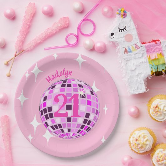 ピンクモダンディスコ鏡ボール21歳の誕生日 ペーパープレート (パーティー)