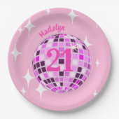 ピンクモダンディスコ鏡ボール21歳の誕生日 ペーパープレート (正面)