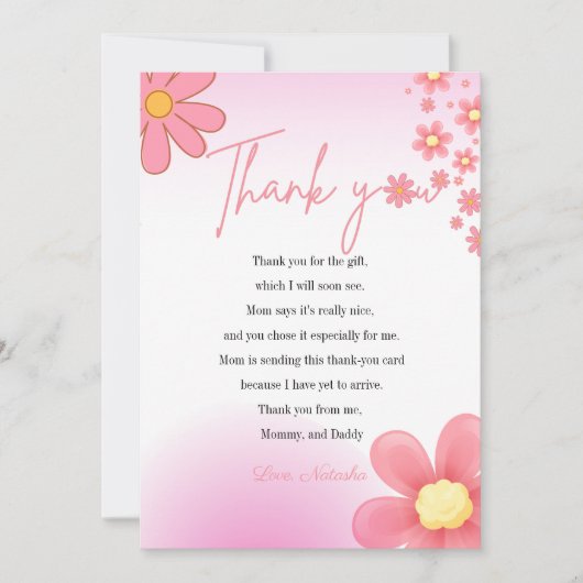 ピンクモダンデイジーテーマ赤ちゃんシャワー感謝していユー サンキューカード (正面)