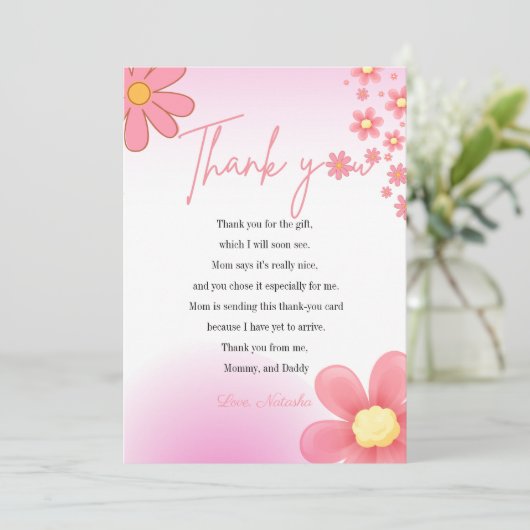 ピンクモダンデイジーテーマ赤ちゃんシャワー感謝していユー サンキューカード (スタンド正面)