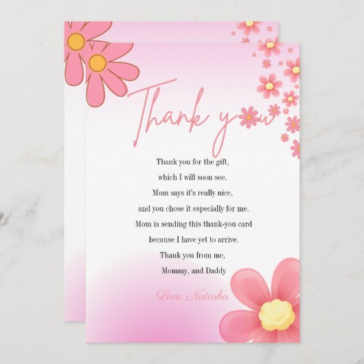 ピンクモダンデイジーテーマ赤ちゃんシャワー感謝していユー サンキューカード (正面/裏面)