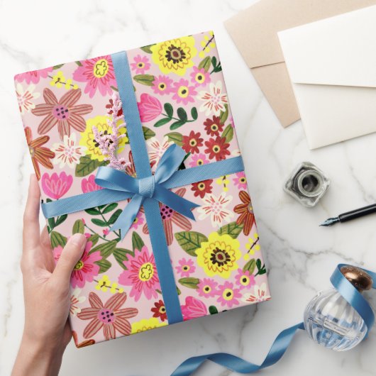 ピンクモダンデイジーフローライースター春パターン ラッピングペーパー (ギフト)