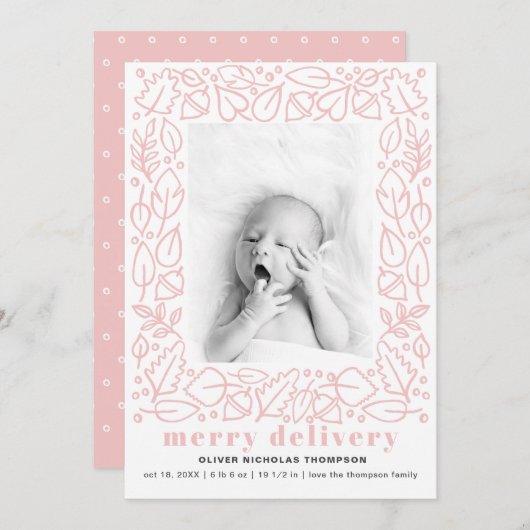 ピンクモダンデリバリメリーガール誕生のお知らせ シーズンカード (正面/裏面)