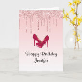 ピンクモダンドリップグリッターハイヒール誕生日 カード (黄色い花)