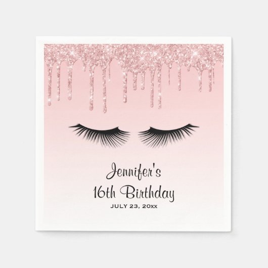 ピンクモダンドリップグリッター&まつげ スタンダードカクテルナプキン (正面)