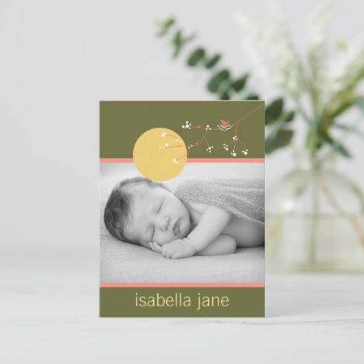 ピンクモダンネスティングバードファミリーシンプルフォト誕生 案内ポストカード (スタンド正面)