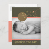 ピンクモダンネスティングバードファミリーシンプルフォト誕生 案内ポストカード (正面/裏面)