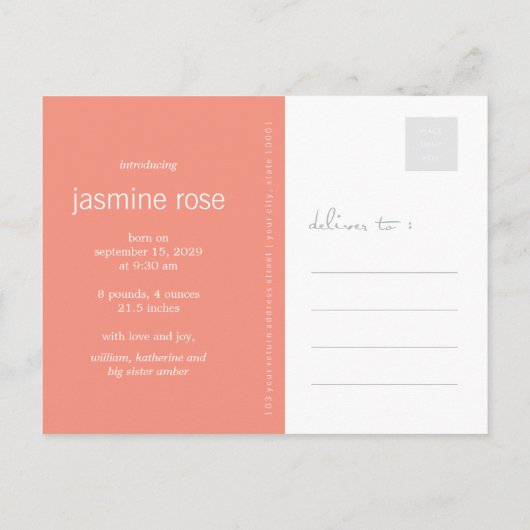 ピンクモダンネスティングバードファミリーシンプルフォト誕生 案内ポストカード (裏面)